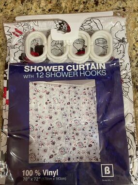 White Floral Vinyl Shower Curtain with Red & Black Accents
